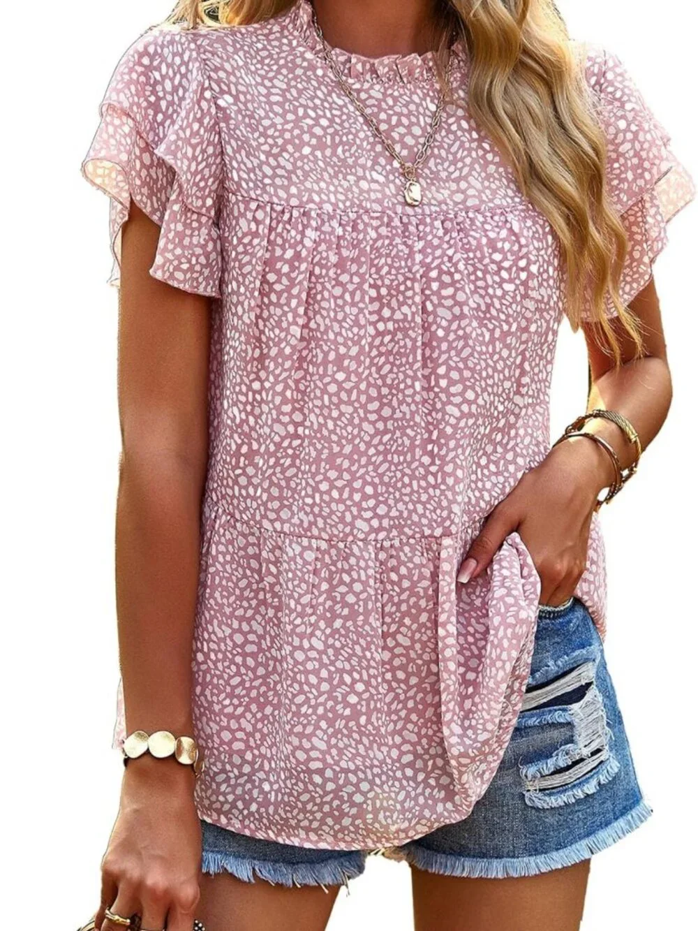 PRETTYGARDEN Pink Floral Chiffon Mock Neck Blouse Size M